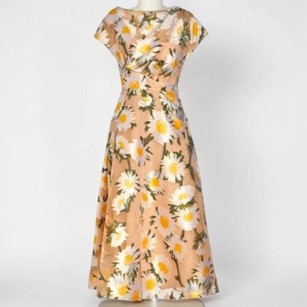 Lela Rose Sunflower Print Beige Midi Dress Boatneck Draped Bodice MSRP $1890 NWT - Picture 1 of 15